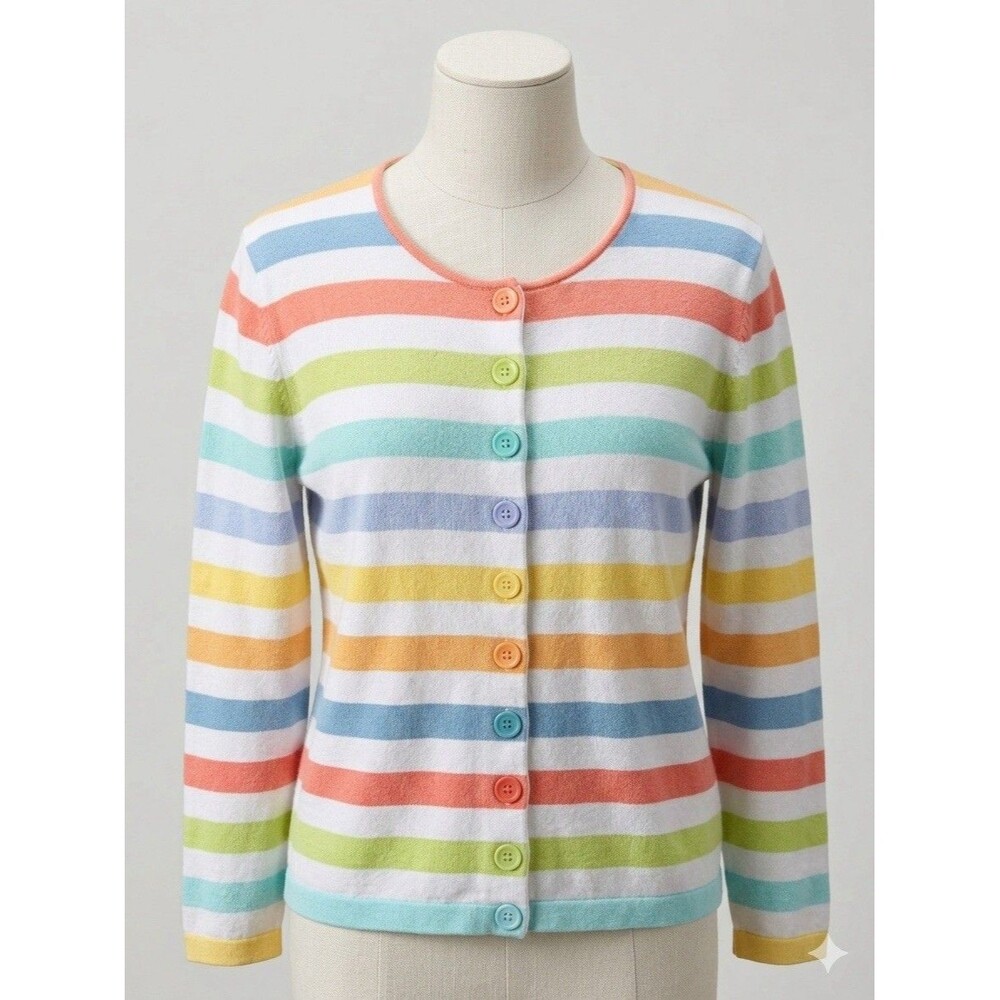 Orvis Rainbow Striped Cotton Cardigan Sweater - Pastel Multi-Color - Size Large